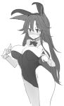  1girl alternate_costume animal_ears bare_arms bare_shoulders blush bow bowtie breasts bunnysuit commentary_request cowboy_shot detached_collar eyebrows_visible_through_hair fake_animal_ears greyscale hair_between_eyes imaizumi_kagerou kamukamu_(ars) large_breasts long_hair monochrome parted_lips rabbit_ears simple_background sketch solo standing sweat touhou very_long_hair wavy_mouth white_background wolf_ears wrist_cuffs 