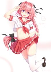  1boy :d absurdres arm_up astolfo_(fate) bangs black_bow black_footwear black_ribbon blush bow braid chinese_commentary collarbone commentary_request crop_top dated english eyebrows_visible_through_hair fang fate/apocrypha fate_(series) floating_hair hair_between_eyes hair_bow hair_intakes hair_ribbon head_tilt heart highres leg_up loafers long_hair looking_at_viewer male_focus medium_skirt midriff multicolored_hair navel neckerchief open_mouth pink_hair pleated_skirt qianqiu_wanxia red_neckwear red_sailor_collar red_skirt ribbon sailor_collar shiny shiny_hair shiny_skin shoes short_sleeves sidelocks signature single_braid skirt skirt_hold smile solo standing standing_on_one_leg stomach streaked_hair thigh-highs trap v very_long_hair violet_eyes white_background white_hair white_legwear 