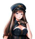  1girl black_gloves black_hat blue_eyes breasts brown_hair choker cleavage cleavage_cutout gloves hat highres large_breasts long_hair looking_at_viewer melynx_(user_aot2846) open_mouth original simple_background solo upper_body watch watch white_background 