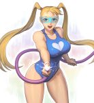 1girl aiming_at_viewer blonde_hair blue_eyes blue_swimsuit breasts commentary_request heart hose large_breasts long_hair noppo_(tarstation) one-piece_swimsuit open_mouth rainbow_mika solo swimsuit thick_thighs thighs twintails wrestling_mask 