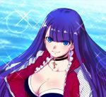  1girl aoba_(smartbeat) bangs blue_eyes blunt_bangs breasts cleavage collarbone day earrings fate/grand_order fate_(series) jacket jewelry large_breasts long_hair long_sleeves looking_at_viewer ocean open_clothes open_jacket outdoors purple_hair red_jacket saint_martha saint_martha_(swimsuit_ruler)_(fate) smile 