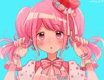  1girl :o artist_name bang_dream! bangs blue_background blush bow bowtie commentary_request earrings eyebrows_visible_through_hair food gloves hands_up hat hat_ribbon holding holding_hair jewelry looking_at_viewer macaron maruyama_aya pink_eyes pink_hair pink_neckwear red_hat ribbon ribbon-trimmed_gloves ribbon_trim sidelocks simple_background solo striped_neckwear twintails upper_body wata_yuki 