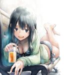  1girl ass bikini black_eyes black_hair branch breasts food hinoru_saikusa kantai_collection kitakami_(kantai_collection) lemonade long_hair looking_at_viewer lying medium_breasts open_mouth solo swimsuit swimsuit_under_clothes traditional_media watercolor_(medium) 