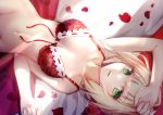 1girl arm_up bare_arms bare_shoulders bed_sheet blonde_hair bottomless bra breasts closed_mouth collarbone commentary dutch_angle fate/extra fate_(series) fingernails front-tie_bra green_eyes groin hand_up lingerie long_hair looking_at_viewer lying medium_breasts nail_polish navel nero_claudius_(fate) nero_claudius_(fate)_(all) no_panties on_back open_bra out-of-frame_censoring petals pink_nails red_bra red_lingerie revision rose_petals sidelocks solo underwear underwear_only untied_bra yan_(nicknikg)