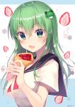  1girl absurdres alternate_costume artist_name blue_background chocolate_syrup commentary_request contemporary crepe eyebrows_visible_through_hair fang food frog_hair_ornament fruit green_eyes green_hair hair_between_eyes hair_ornament highres holding holding_food kochiya_sanae looking_at_viewer nenobi_(nenorium) open_mouth outline red_neckwear school_uniform serafuku shirt short_sleeves solo strawberry taut_clothes taut_shirt touhou twitter_username two-tone_background upper_body white_background white_outline white_serafuku 