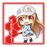  1girl :d bangs black_footwear blue_shirt boots brown_eyes brown_shorts character_name chibi clothes_writing commentary_request eyebrows_visible_through_hair flat_cap grey_hat hair_between_eyes hat hataraku_saibou head_tilt holding light_brown_hair long_hair looking_at_viewer open_mouth platelet_(hataraku_saibou) shachoo. shirt short_shorts short_sleeves shorts smile solo standing standing_on_one_leg translated very_long_hair wide_sleeves 