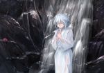  1girl alternate_costume closed_eyes feet_out_of_frame hat hat_removed headwear_removed ichiba_youichi inubashiri_momiji japanese_clothes kimono long_sleeves own_hands_together palms_together rock see-through short_hair silver_hair solo standing tokin_hat touhou water waterfall wet wet_clothes wet_kimono white_kimono wide_sleeves 