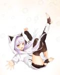 1girl animal_hood ass azuma_lim azuma_lim_channel bangs black_legwear black_skirt highres hood hood_up hoodie long_hair long_sleeves miniskirt pleated_skirt purple_hair shuuzo3 skirt solo thigh-highs toeless_socks virtual_youtuber white_hoodie yellow_eyes