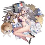  1girl adapted_costume anchor_hat_ornament azur_lane bag beach beach_towel bikini book bookmark braid breasts butterfly_hair_ornament choker doughnut dunkerque_(azur_lane) earrings food french_flag front-tie_bikini front-tie_top grey_hair hair_ornament hairband hat headwear_removed holding holding_food jewelry large_breasts liduke long_hair lotion_bottle navel official_art ponytail purple_bikini red_eyes sand sandals seashell see-through shell side-tie_bikini sideboob solo starfish straw_hat swimsuit towel turret 