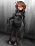  ahoge bdsm belt belt_buckle bondage bound brown_eyes brown_hair buckle clothes_writing eyebrows_visible_through_hair glasses highres looking_at_viewer low_twintails menou messy_hair padded_walls pigeon-toed red-framed_eyewear russian semi-rimless_eyewear sleeves_past_wrists smirk straitjacket toeless_legwear touhou twintails unbuckled under-rim_eyewear uneven_eyes untied usami_sumireko 