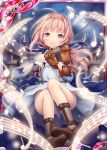  1girl akkijin blue_dress blue_ribbon boots bow_(instrument) brown_eyes brown_hair card_(medium) dress instrument looking_at_viewer music musical_note night night_sky official_art outdoors playing_instrument ribbon shinkai_no_valkyrie sky smile solo star star_(sky) starry_sky violin 