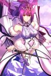  1girl bangs bare_shoulders boots breasts capelet detached_sleeves dress fate/grand_order fate_(series) forehead_jewel fur_trim hair_between_eyes hair_ribbon high_heel_boots high_heels highres large_breasts long_hair looking_at_viewer ponytail purple_dress purple_hair purple_ribbon red_eyes ribbon scathach_(fate)_(all) scathach_skadi_(fate/grand_order) shiguru smile solo thigh-highs thigh_boots tiara wand 