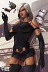  1girl android arm_cannon artist_name bangs black_legwear braid breasts brown_eyes commentary dark_skin drone elbow_gloves english_commentary eye_of_horus fusion gloves hair_over_one_eye hair_tubes iury_padilha lips medium_breasts medium_hair nier_(series) nier_automata no_nipples nose overwatch pantyhose pharah_(overwatch) pod_(nier_automata) robot_joints rocket_launcher short_shorts shorts side_braid silver_hair solo_focus swept_bangs weapon yorha_type_a_no._2 