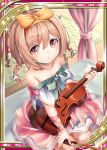  1girl age_regression akkijin aqua_ribbon bow_(instrument) braid brown_eyes brown_hair card_(medium) dress hair_ribbon indoors instrument looking_at_viewer music official_art pink_dress ribbed_dress ribbon seiza shinkai_no_valkyrie short_hair sitting solo striped striped_ribbon twin_braids violin yellow_ribbon younger 