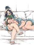  2girls black_hair breasts brown_hair cleavage couch eyebrows eyebrows_visible_through_hair glasses hair_bun lap_pillow legs_crossed lying m_k multiple_girls on_side open_mouth original raised_eyebrows reading red-framed_eyewear short_hair sketch sleeping slippers smile thighs tray yuri 