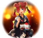  1girl :o blue_eyes blush commentary_request fate/grand_order fate_(series) frankenstein&#039;s_monster_(fate) hair_over_one_eye headgear horn japanese_clothes kimono looking_at_viewer pink_hair shaved_ice short_hair solo spoon suyamunya 
