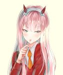  1girl candy darling_in_the_franxx eyebrows_visible_through_hair food green_eyes hair_between_eyes hairband highres horns jacket lollipop long_hair looking_at_viewer melynx_(user_aot2846) orange_neckwear pink_hair red_jacket shiny shiny_hair shirt simple_background solo upper_body white_background white_hairband white_shirt zero_two_(darling_in_the_franxx) 