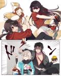  2boys 4girls ahoge black_hair blonde_hair brown_hair buster_shirt chacha_(fate/grand_order) comic fate/grand_order fate_(series) food hijikata_toshizou_(fate/grand_order) holding holding_food long_hair long_sleeves looking_at_viewer multiple_boys multiple_girls oda_nobukatsu_(fate/grand_order) oda_nobunaga_(fate) oda_nobunaga_(swimsuit_berserker)_(fate) okita_souji_(fate) okita_souji_(fate)_(all) omi_(tyx77pb_r2) open_mouth pillow red_eyes red_shirt shirt silent_comic smile t-shirt wide_sleeves 