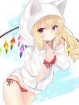  1girl animal_hood bikini bikini_under_clothes blonde_hair blush breasts cat_hood closed_mouth commentary_request cute eyebrows_visible_through_hair flandre_scarlet highres hood jacket long_hair looking_at_viewer navel open_clothes open_jacket red_bikini red_eyes side-tie_bikini side_ponytail small_breasts solo swimsuit tosakaoil touhou white_jacket wings zipper 