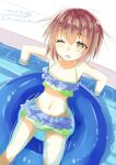  1girl bikini blush breasts brown_eyes brown_hair eyes hair_between_eyes highres hizaka kantai_collection looking_at_viewer one_eye_closed open_mouth pool short_hair small_breasts solo swimsuit twitter_username wakaba_(kantai_collection) water wet wet_clothes 