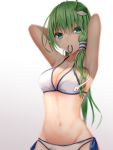  1girl ahoge armpits arms_up bare_arms bikini breasts collarbone commentary_request eyebrows_visible_through_hair eyes_visible_through_hair frog_hair_ornament gradient gradient_background green_eyes green_hair grey_background groin hair_between_eyes hair_ornament hair_tie hair_tubes highres kochiya_sanae long_hair looking_at_viewer medium_breasts mouth_hold navel santarou side-tie_bikini single_sidelock snake_hair_ornament solo standing stomach swimsuit touhou tying_hair upper_body white_background white_bikini 