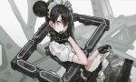  1girl agent_(girls_frontline) black_gloves black_hair double_bun dress dress_lift girls_frontline gloves hair_between_eyes half_gloves infukun lifted_by_self long_hair looking_at_viewer machinery maid maid_headdress official_art sangvis_ferri solo standing weapon yellow_eyes 