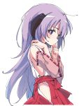  1girl blush detached_sleeves hakama hanyuu higurashi_no_naku_koro_ni horns ixy japanese_clothes long_hair looking_at_viewer miko purple_hair red_hakama simple_background solo violet_eyes white_background 