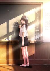  1girl ai_ai_gasa arm_at_side bangs black_sailor_collar black_skirt blush brown_eyes brown_hair chalk chalkboard chikuwa_(odennabe) classroom closed_mouth commentary_request day eyebrows_visible_through_hair hair_between_eyes holding indoors long_hair looking_at_viewer looking_back no_socks original pleated_skirt red_neckwear sailor_collar school_uniform serafuku shirt shoes short_sleeves skirt smile solo standing sunlight translated uwabaki white_footwear white_shirt 