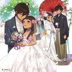  2boys 2girls blush bouquet bridal_veil brown_hair couple dark_skin dark_skinned_male dress fate/grand_order fate/prototype fate/prototype:_fragments_of_blue_and_silver fate_(series) flower hair_flower hair_ornament holding holding_bouquet holding_umbrella japanese_clothes jewelry kimono long_hair long_sleeves looking_at_another medjed moses_(fate/prototype_fragments) multiple_boys multiple_girls necklace nefertiti_(fate/prototype_fragments) nitocris_(fate/grand_order) nitocris_(swimsuit_assassin)_(fate) omi_(tyx77pb_r2) open_mouth outdoors ozymandias_(fate) pink_eyes pink_flower pink_rose red_umbrella rose smile uchikake umbrella veil wedding_dress white_flower white_kimono white_rose wide_sleeves yellow_eyes 