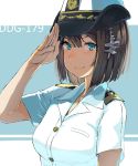  1girl alternate_costume blue_eyes blush bob_cut brown_hair commentary hair_ornament hat kantai_collection looking_at_viewer maya_(kantai_collection) military military_hat military_uniform naval_uniform peaked_cap salute shirt short_hair short_sleeves smile solo two-tone_background uniform white_shirt you_(yawnmgmg) 