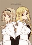  2girls arm_warmers back-to-back bangs blonde_hair blunt_bangs braid breasts brown_background brown_eyes character_name cloak copyright_name dress hairband hand_on_own_chest lianna_(octopath_traveler) light_brown_hair long_hair medium_breasts multiple_girls octopath_traveler ophilia_(octopath_traveler) parted_bangs side_braid simple_background smile upper_body you_haruka 