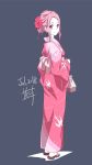  1girl 2018 flower full_body grey_background hair_flower hair_ornament highres holding japanese_clothes kimono looking_at_viewer looking_back nii_manabu obi original pink_eyes pink_flower pink_hair pink_kimono sash short_hair_with_long_locks sidelocks signature simple_background smile solo standing yukata 