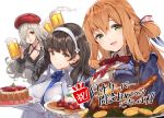  3girls :d alcohol announcement_celebration bangs beer beer_mug beret bird blush brown_hair cake chicken eyebrows_visible_through_hair food g36c_(girls_frontline) girls_frontline green_eyes hair_between_eyes hair_over_one_eye hairband hat m1903_springfield_(girls_frontline) multiple_girls open_mouth pancake paseri qbz-95_(girls_frontline) sidelocks silver_hair simple_background smile tiramisu white_background 