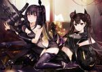  2girls architect_(girls_frontline) asymmetrical_clothes bangs bare_shoulders black_footwear black_gloves black_legwear black_sailor_collar black_serafuku black_shirt black_shorts black_skirt boots bow breast_press breasts brown_eyes brown_hair cleavage commentary_request evil_grin evil_smile eyebrows_visible_through_hair girls_frontline gloves grin hair_bun high_heel_boots high_heels indoors knee_boots long_hair looking_at_viewer medium_breasts multiple_girls object_hug ouroboros_(girls_frontline) parted_lips pink_eyes pleated_skirt purple_footwear purple_hair purple_legwear reclining sailor_collar sangvis_ferri school_uniform serafuku shirt short_shorts short_sleeves shorts side_bun skirt smile striped tetsubuta thigh-highs twintails v-shaped_eyebrows vertical_stripes very_long_hair weapon white_bow window 