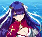  1girl aoba_(smartbeat) bangs blue_eyes blunt_bangs breasts capelet cleavage collarbone day earrings fate/grand_order fate_(series) hair_ribbon jewelry large_breasts long_hair looking_at_viewer ocean outdoors purple_hair red_capelet ribbon saint_martha white_ribbon 