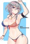  1girl american_flag_bikini azur_lane bikini blue_eyes breasts cleavage closed_mouth cross cross_necklace flag_print grey_hair gunthalina highres jewelry large_breasts necklace short_hair smile solo swimsuit tagme washington_(azur_lane) 