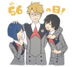  1girl 2boys arm_over_shoulder black_hair blonde_hair blue_hair blush closed_eyes commentary_request darling_in_the_franxx glasses gorou_(darling_in_the_franxx) hand_on_another&#039;s_head hiro_(darling_in_the_franxx) ichigo_(darling_in_the_franxx) long_sleeves lowres military military_uniform multiple_boys necktie open_mouth red_neckwear toma_(norishio) uniform 