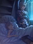  2boys against_wall animal_ears bed blue_hair blue_shirt brown_hair brown_shorts closed_eyes crossed_arms drooling erune gran_(granblue_fantasy) granblue_fantasy looking_at_another lying multiple_boys night on_back ouno_mayumi shirt shorts six_(granblue_fantasy) sleeping tank_top tumblr_username under_covers 