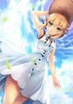 1girl :o ahoge alternate_costume arm_at_side armpits artoria_pendragon_(all) bare_arms blonde_hair braid casual clouds cloudy_sky commentary_request contemporary dress dutch_angle eyebrows_visible_through_hair eyes_visible_through_hair fate/grand_order fate/stay_night fate_(series) french_braid from_below green_eyes hair_bun hat highleg highleg_dress highres holding holding_hat looking_at_viewer open_mouth saber samoore sidelocks sky sleeveless sleeveless_dress solo sun_hat white_dress wind 