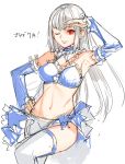 1girl :d armpits bare_shoulders blue_bra bra commentary_request detached_collar detached_sleeves grey_hair hand_on_hip hand_up highres ingrid long_hair looking_at_viewer navel one_eye_closed open_mouth red_eyes simple_background sketch smile solo standing standing_on_one_leg street_fighter tetsu_(kimuchi) thigh-highs translated underwear white_background white_legwear 