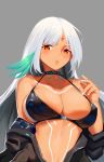  1girl absurdres azur_lane bare_shoulders bikini_top black_hair black_jacket blush bodypaint breasts brown_eyes choker cleavage closed_mouth collarbone erect_nipples eyebrows_visible_through_hair facepaint grey_background hand_up highres jacket large_breasts long_hair long_sleeves looking_at_viewer massachusetts_(azur_lane) multicolored_hair nail_polish native_american open_clothes open_jacket open_mouth silver_hair simple_background solo swimsuit swimsuit_under_clothes tan unzipped upper_body white_nails xiang_cheng_(nido) 