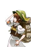  1girl backpack bag bangs brown_hair brown_vest closed_mouth crossed_bangs dress eyebrows_visible_through_hair from_side green_hat grey_eyes hand_on_hip hat hat_feather himukai_yuusuke octopath_traveler puffy_short_sleeves puffy_sleeves short_sleeves simple_background smile solo tressa_(octopath_traveler) vest white_background white_dress 