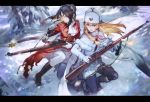  2girls bag bangs black_hair black_legwear blonde_hair blue_eyes bolt_action boots braid brown_footwear brown_hair capelet chibi_(shimon) coat commentary_request day fur-trimmed_boots fur-trimmed_capelet fur_hat fur_trim girls_frontline gloves green_eyes gun hair_between_eyes hat holding holding_gun holding_weapon knee_boots lee-enfield lee-enfield_(girls_frontline) long_hair long_sleeves mosin-nagant mosin-nagant_(girls_frontline) multicolored_hair multiple_girls object_namesake one_knee outdoors pants pantyhose pleated_skirt red_coat rifle shawl shirt shoulder_bag skirt snow squatting star two-tone_hair ushanka weapon white_capelet white_gloves white_hat white_pants white_shirt white_skirt 