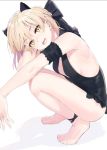  1girl armband artoria_pendragon_(all) artoria_pendragon_(swimsuit_rider_alter) barefoot black_swimsuit blonde_hair bow fate/grand_order fate_(series) hair_bow highres kerorira looking_at_viewer one-piece_swimsuit open_mouth squatting swimsuit yellow_eyes 