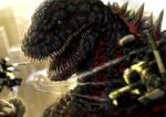  aircraft claws godzilla godzilla_(series) helicopter japan_ground_self-defense_force japan_self-defense_force kaijuu military missile monster no_humans red_eyes shin_godzilla smoke taniguchi_seima teeth tokusatsu 