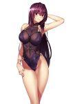  1girl absurdres arm_up blush bracelet breasts cleavage covered_navel earrings fate/grand_order fate_(series) highres jewelry kai_(pixiv12466647) long_hair looking_at_viewer nail_polish one-piece_swimsuit purple_hair red_eyes scathach_(fate)_(all) scathach_(fate/grand_order) smile swimsuit white_background 