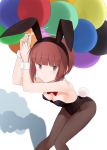  1girl animal_ears arms_up balloon black_leotard bow bowtie brown_eyes brown_hair brown_legwear bunny_tail bunnysuit detached_collar fuyube_gin_(huyube) kantai_collection leotard looking_at_viewer pantyhose rabbit_ears red_neckwear shadow short_hair solo strapless strapless_leotard tail wrist_cuffs z3_max_schultz_(kantai_collection) 