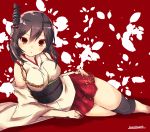  1girl :o black_hair blush breasts detached_sleeves hair_ornament highres kantai_collection knee_pads large_breasts looking_at_viewer lying miniskirt momiji_(103) nontraditional_miko on_side red_background red_eyes red_skirt ribbon-trimmed_sleeves ribbon_trim short_hair skirt solo yamashiro_(kantai_collection) 