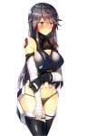  1girl alternate_costume arm_strap arm_wrap armpit_crease bandage bandaged_arm bandages bangs bare_shoulders belt black_hair black_legwear black_panties blush breasts brown_eyes buckle cleavage cleavage_cutout closed_mouth cosplay cowboy_shot embarrassed eyebrows_visible_through_hair fingerless_gloves flying_sweatdrops gloves groin hair_between_eyes hair_ornament hairclip haruna_(kantai_collection) highres holding_own_arm jack_the_ripper_(fate/apocrypha) jack_the_ripper_(fate/apocrypha)_(cosplay) kantai_collection large_breasts long_hair looking_away lowleg lowleg_panties navel panties remodel_(kantai_collection) sidelocks simple_background skindentation sleeveless_jacket solo stomach sweatdrop thigh-highs thighs tsukui_kachou underwear white_background 