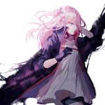  1girl bangs blue_eyes closed_mouth dress eyebrows_visible_through_hair floating_hair from_side girls_frontline gloves hair_between_eyes hair_ornament hand_on_own_head jacket long_hair mid-stride multicolored_hair one_side_up pink_hair scarf side_ponytail sidelocks silence_girl solo st_ar-15_(girls_frontline) streaked_hair thigh_strap wind 